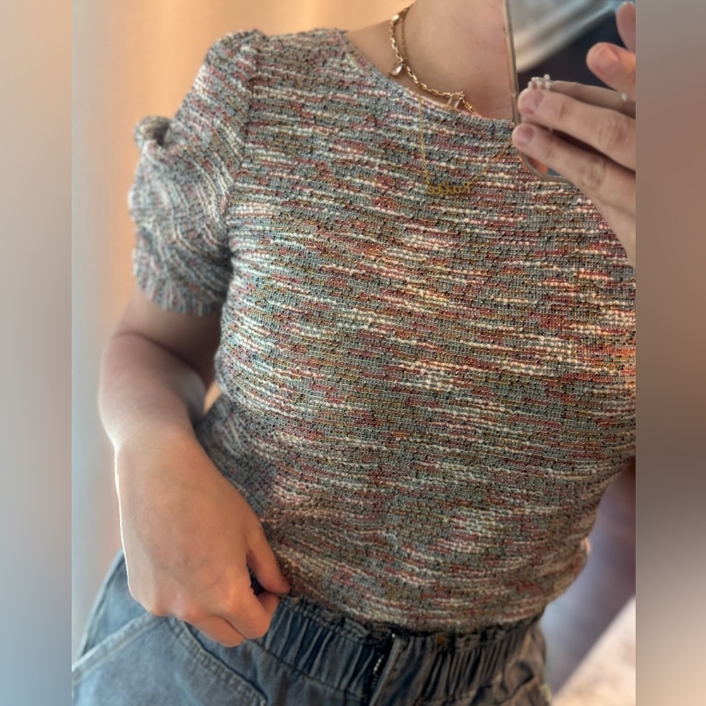 LOFT Ann Taylor Colorful Tweed Short Twist Sleeve Knit Top - Casual Workwear - Picture 14 of 14